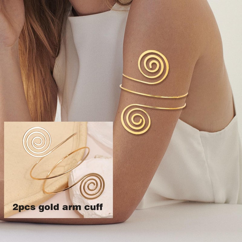 BOMAIL Store 2Pcs Gold Arm Cuff Bracelets Set for Women Open Adjustable Upper Arm Bangles Coil Swirl Armlet Armband Set Minimalist Upper Arm Cuff Jewelry for Women - Image 4